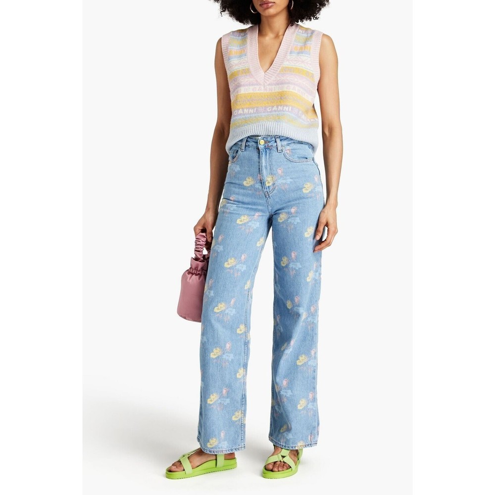 GANNI Floral Print Denim Core Magny Wide Straight Jeans Bleach Light Blue 25 - Picture 6 of 15
